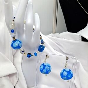 Blue Floral Beaded Bracelet And Earrings  Jewelry Set